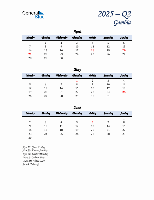 April, May, and June Calendar for Gambia with Monday Start