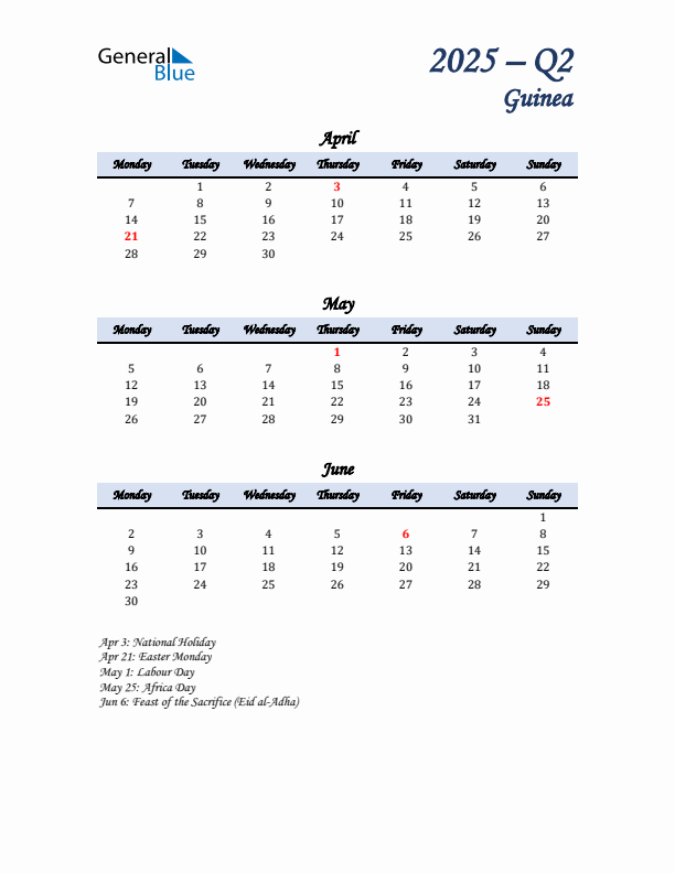 April, May, and June Calendar for Guinea with Monday Start