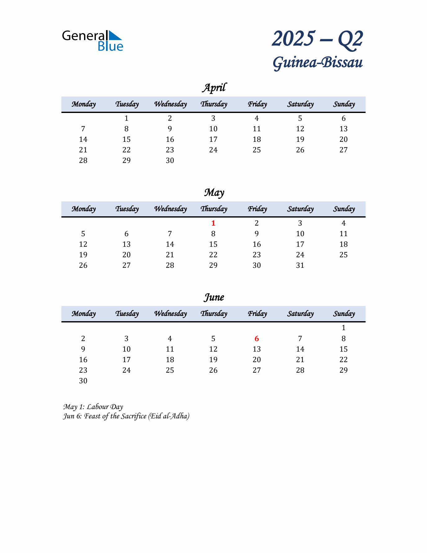 April, May, and June Calendar for Guinea-Bissau with Monday Start