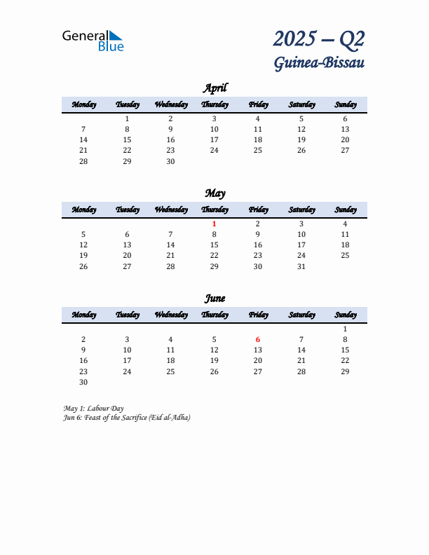 April, May, and June Calendar for Guinea-Bissau with Monday Start