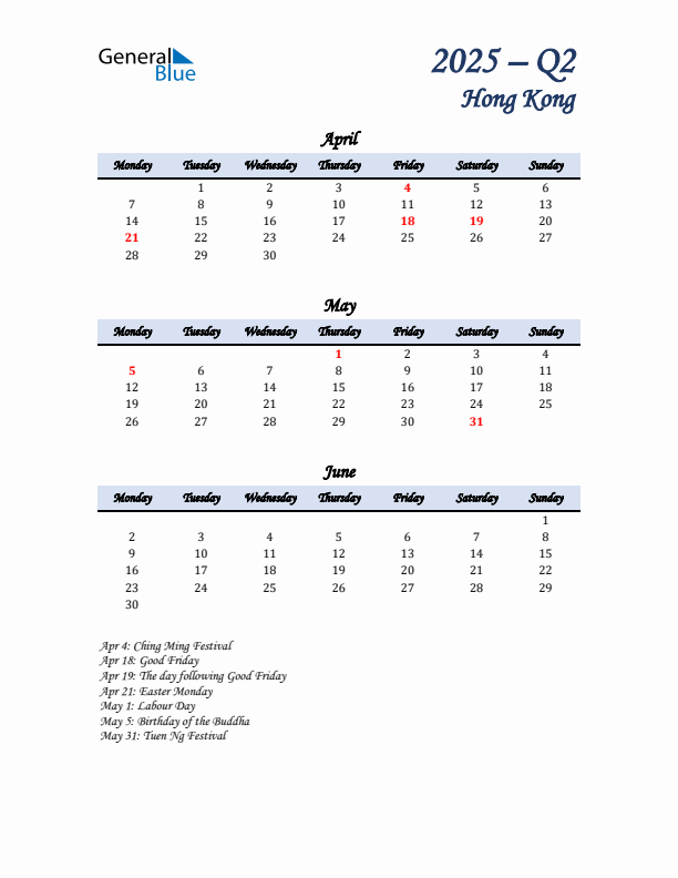 April, May, and June Calendar for Hong Kong with Monday Start