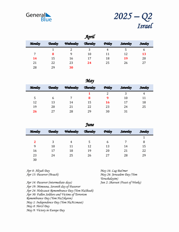 April, May, and June Calendar for Israel with Monday Start