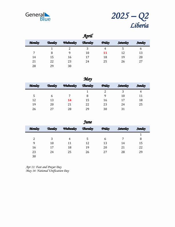 April, May, and June Calendar for Liberia with Monday Start
