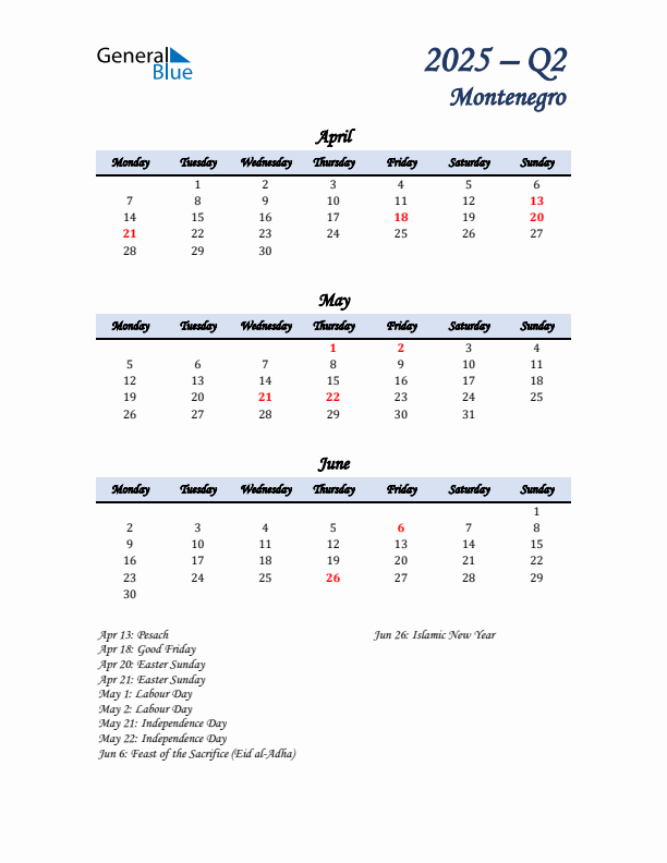 April, May, and June Calendar for Montenegro with Monday Start