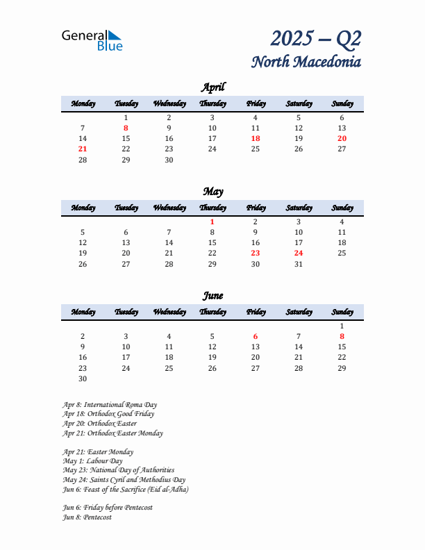 April, May, and June Calendar for North Macedonia with Monday Start