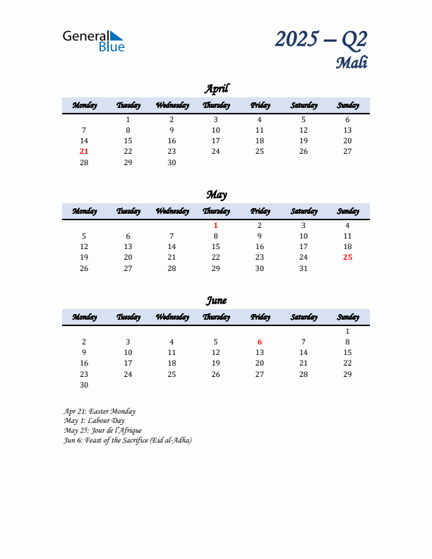 April, May, and June Calendar for Mali with Monday Start