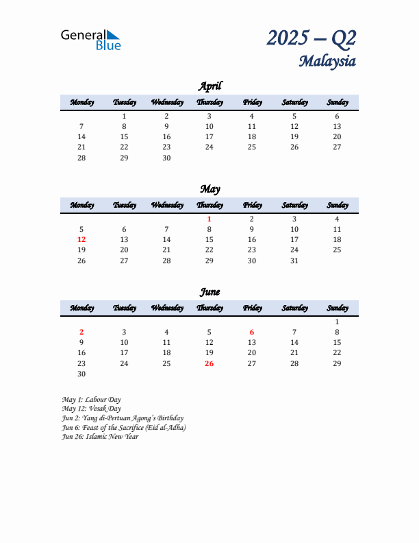 April, May, and June Calendar for Malaysia with Monday Start