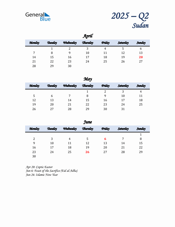 April, May, and June Calendar for Sudan with Monday Start