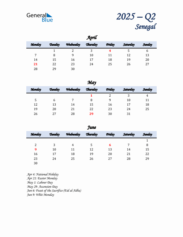 April, May, and June Calendar for Senegal with Monday Start