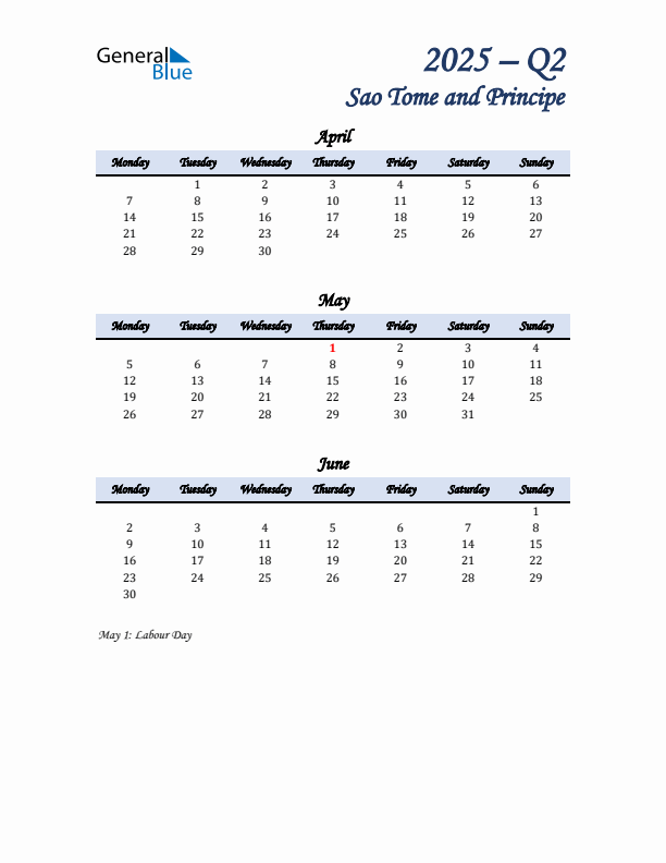April, May, and June Calendar for Sao Tome and Principe with Monday Start