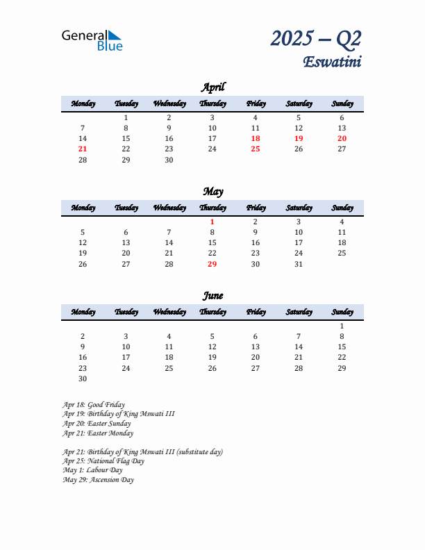 April, May, and June Calendar for Eswatini with Monday Start