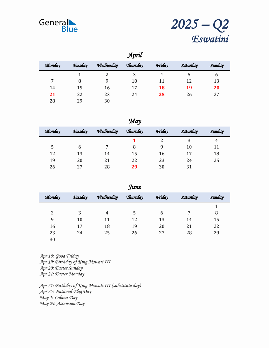 April, May, and June 2025 Calendar for Eswatini - Monday Start
