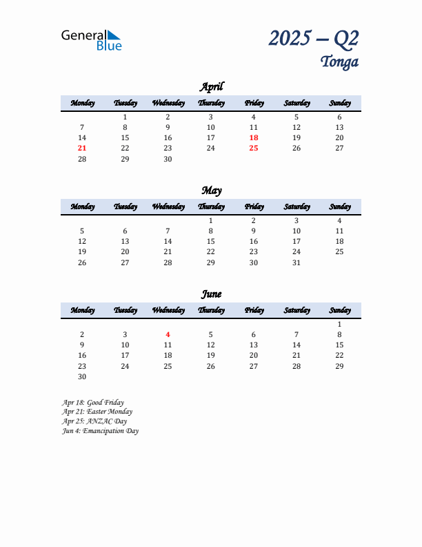 April, May, and June Calendar for Tonga with Monday Start