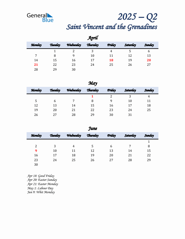 April, May, and June Calendar for Saint Vincent and the Grenadines with Monday Start
