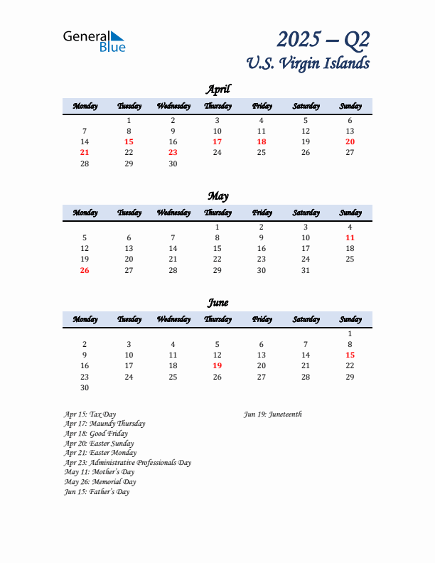April, May, and June Calendar for U.S. Virgin Islands with Monday Start