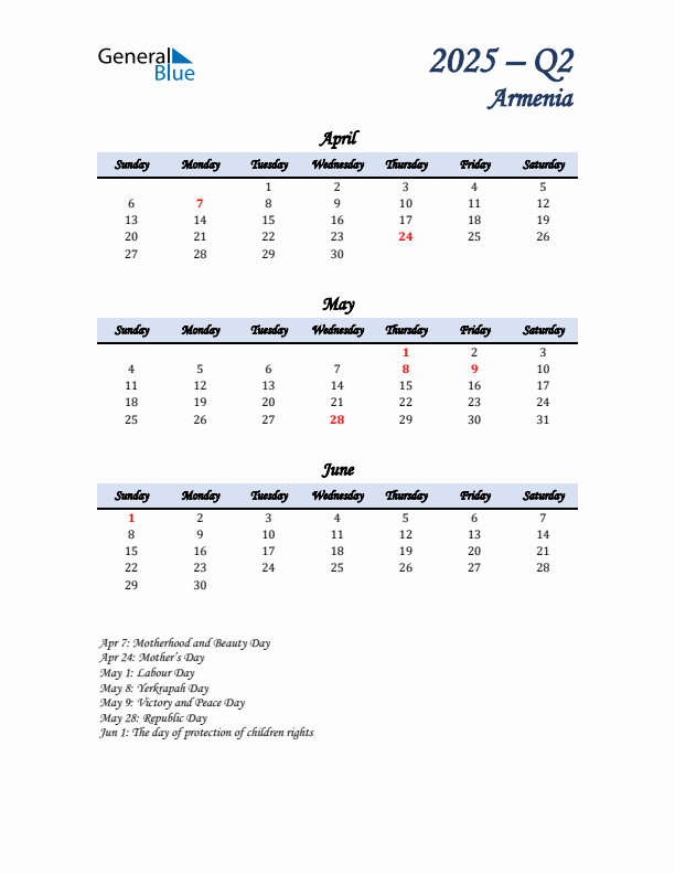 April, May, and June Calendar for Armenia with Sunday Start