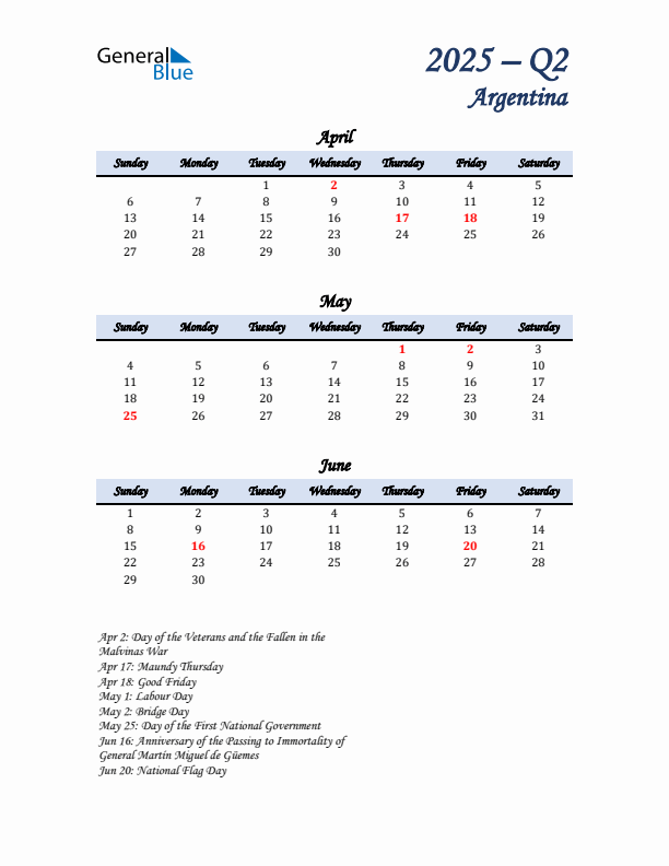 April, May, and June Calendar for Argentina with Sunday Start