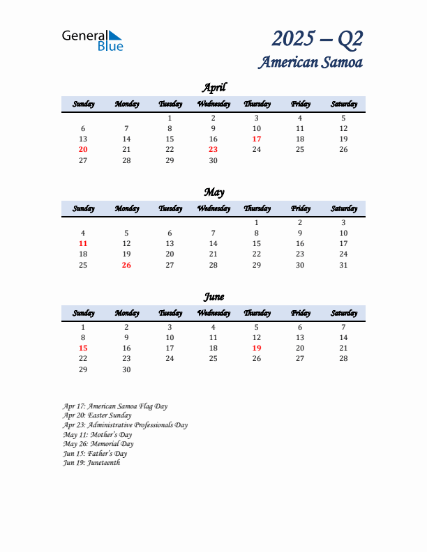 April, May, and June Calendar for American Samoa with Sunday Start