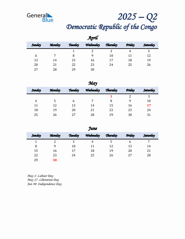 April, May, and June Calendar for Democratic Republic of the Congo with Sunday Start