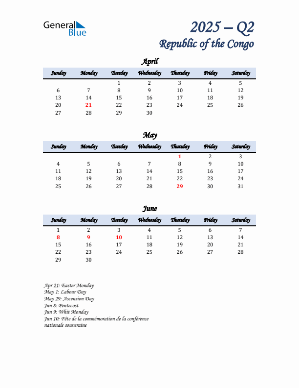 April, May, and June Calendar for Republic of the Congo with Sunday Start