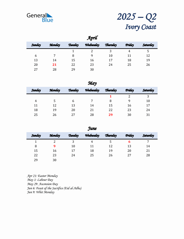 April, May, and June Calendar for Ivory Coast with Sunday Start