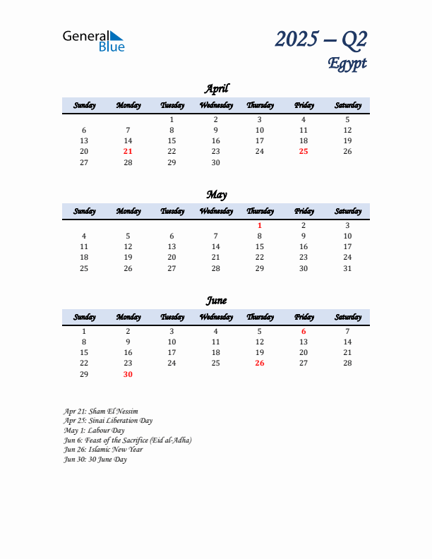 April, May, and June Calendar for Egypt with Sunday Start