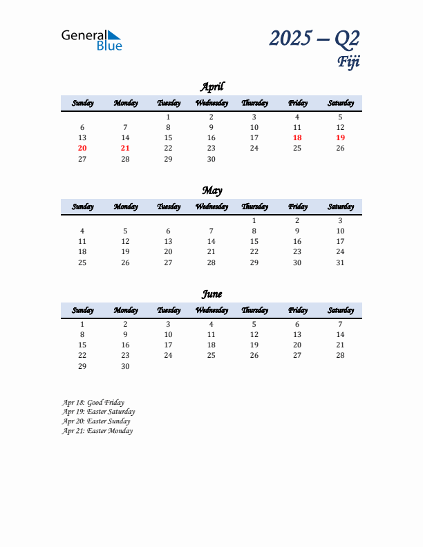April, May, and June Calendar for Fiji with Sunday Start