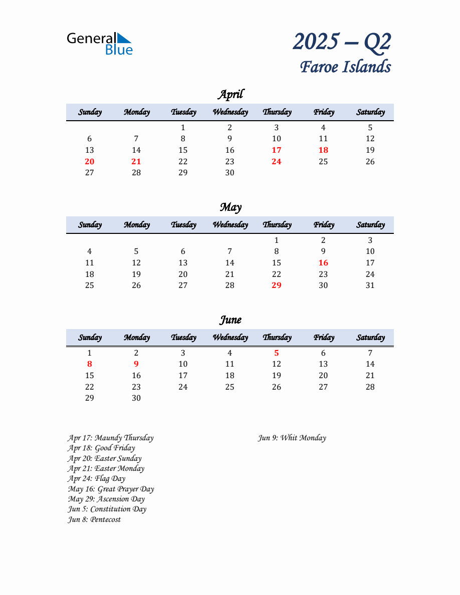 April, May, and June 2025 Calendar for Faroe Islands