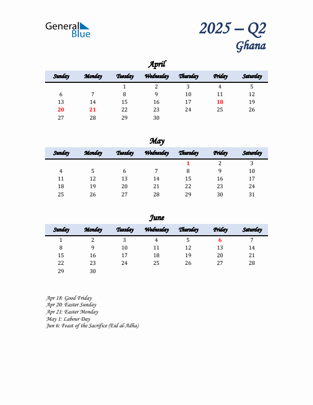 April, May, and June Calendar for Ghana with Sunday Start