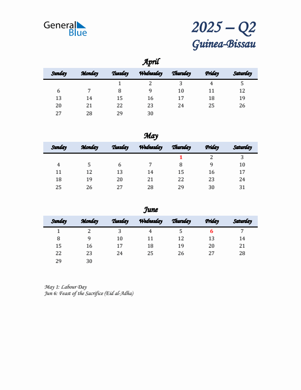 April, May, and June Calendar for Guinea-Bissau with Sunday Start