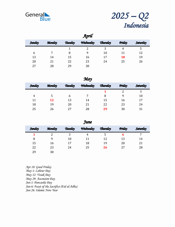 April, May, and June Calendar for Indonesia with Sunday Start