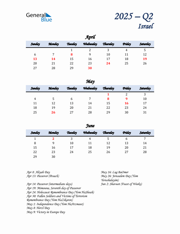 April, May, and June Calendar for Israel with Sunday Start