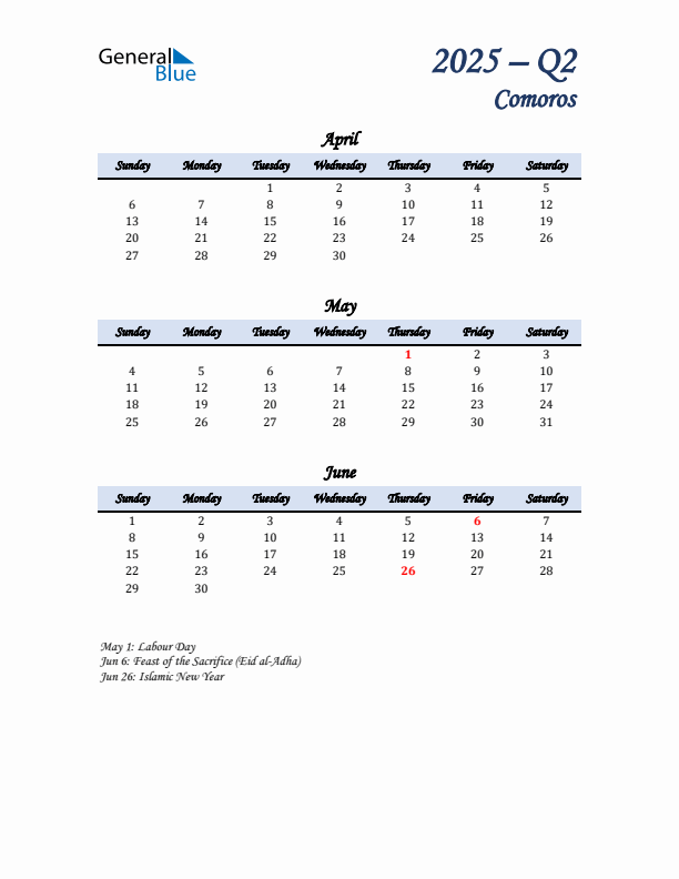 April, May, and June Calendar for Comoros with Sunday Start