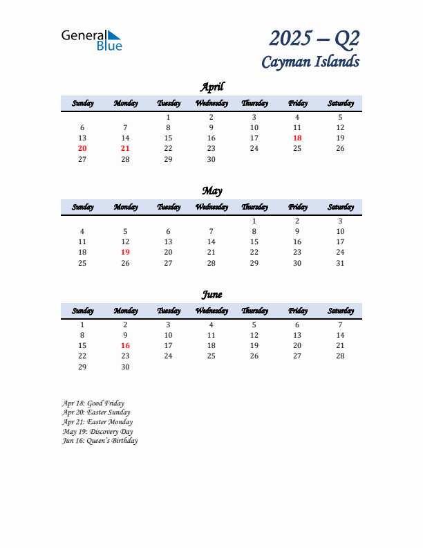 April, May, and June Calendar for Cayman Islands with Sunday Start