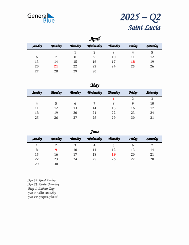 April, May, and June Calendar for Saint Lucia with Sunday Start