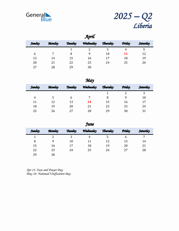 April, May, and June Calendar for Liberia with Sunday Start