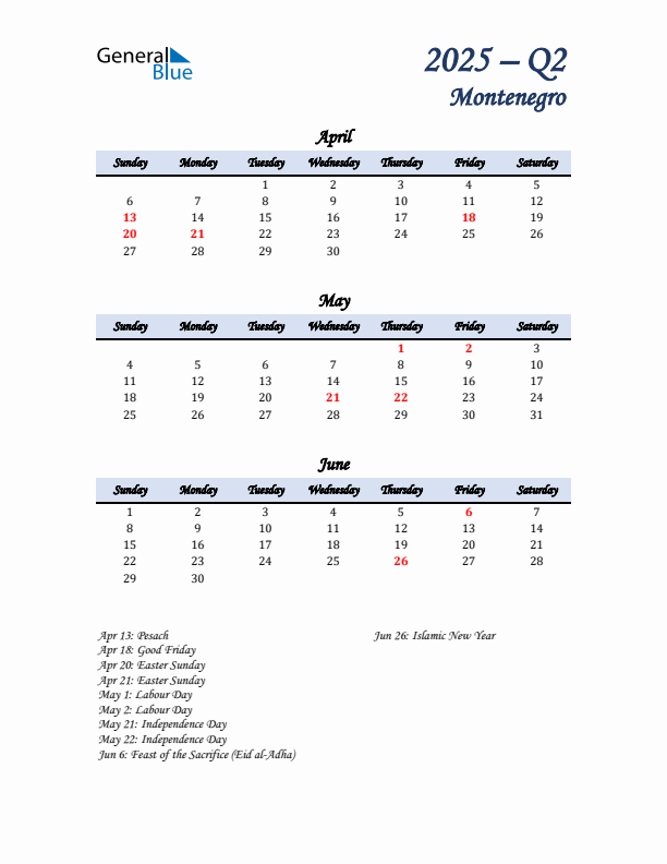 April, May, and June Calendar for Montenegro with Sunday Start