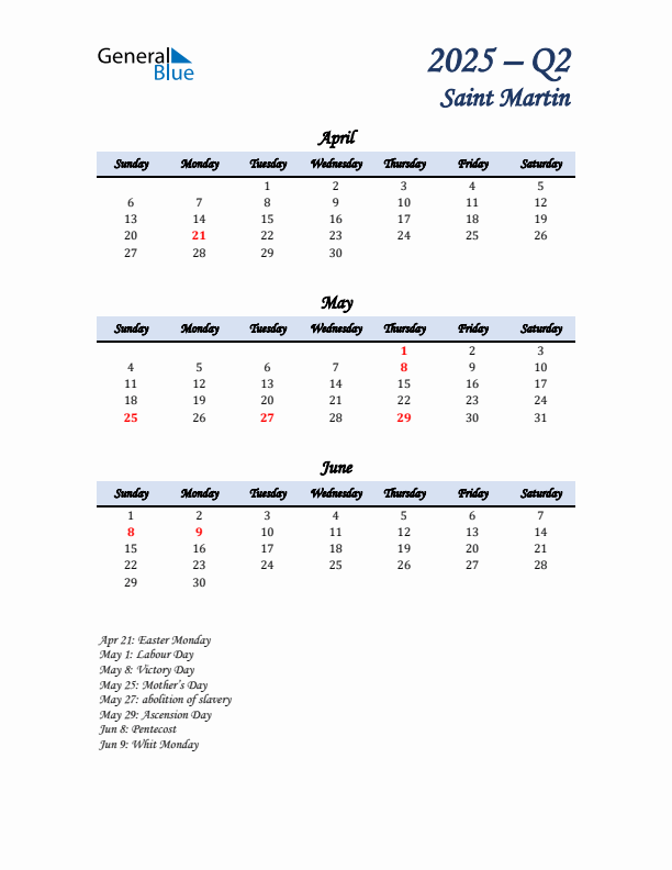 April, May, and June Calendar for Saint Martin with Sunday Start