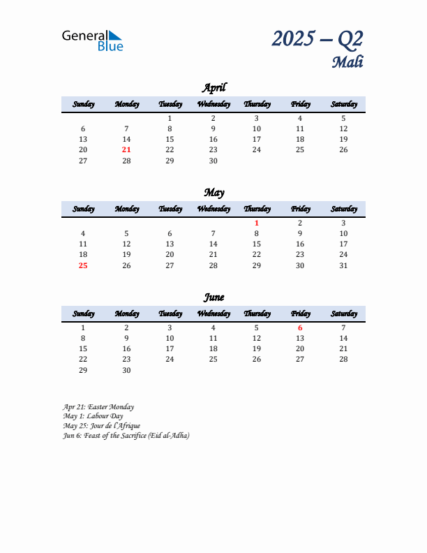 April, May, and June Calendar for Mali with Sunday Start