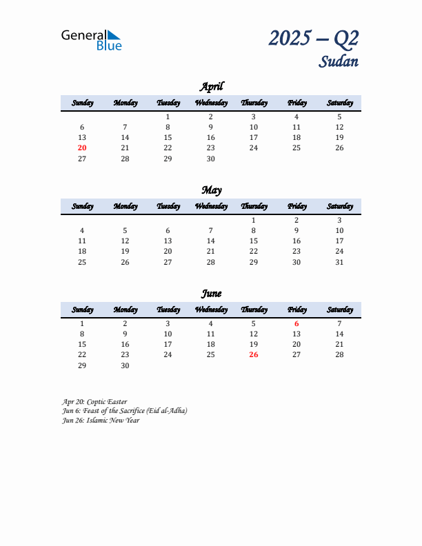 April, May, and June Calendar for Sudan with Sunday Start