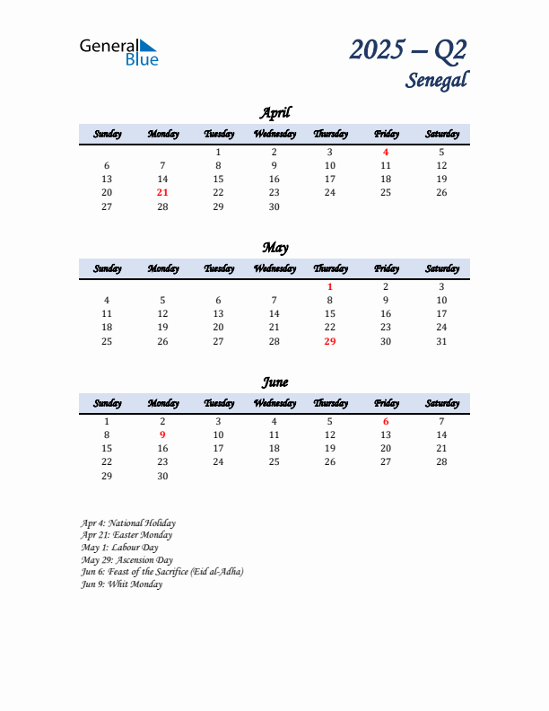 April, May, and June Calendar for Senegal with Sunday Start