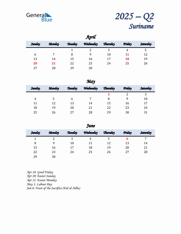April, May, and June Calendar for Suriname with Sunday Start
