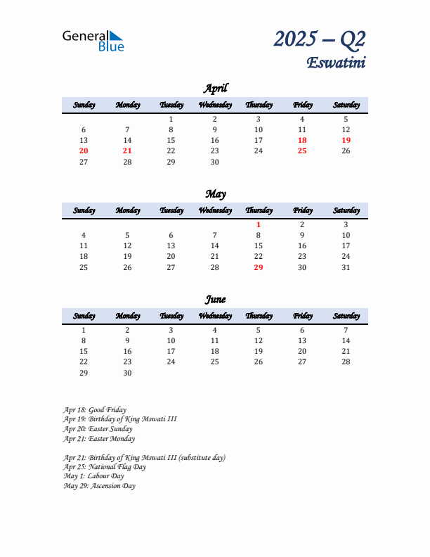 April, May, and June Calendar for Eswatini with Sunday Start
