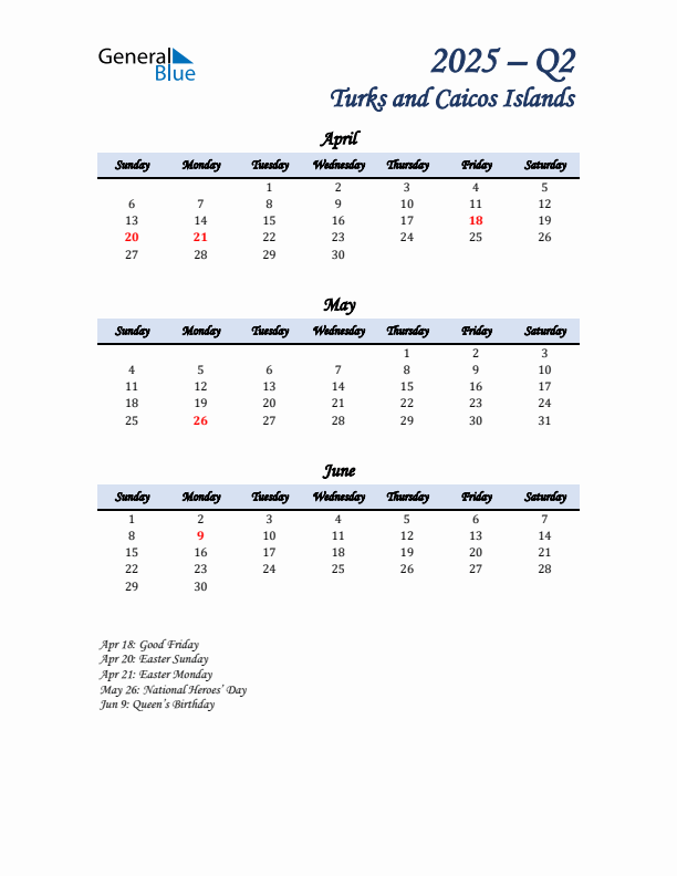 April, May, and June Calendar for Turks and Caicos Islands with Sunday Start