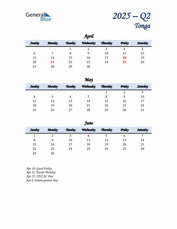 April, May, and June Calendar for Tonga with Sunday Start