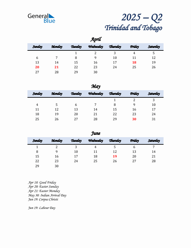 April, May, and June Calendar for Trinidad and Tobago with Sunday Start
