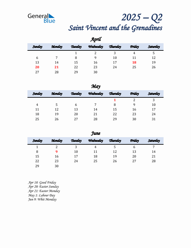 April, May, and June Calendar for Saint Vincent and the Grenadines with Sunday Start