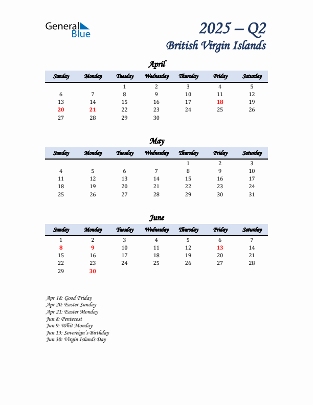 April, May, and June Calendar for British Virgin Islands with Sunday Start