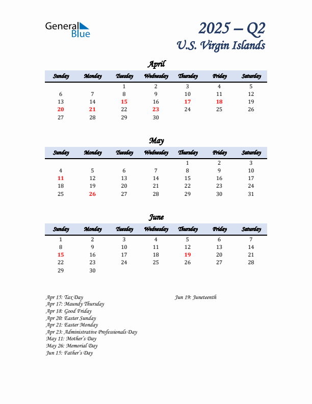 April, May, and June Calendar for U.S. Virgin Islands with Sunday Start