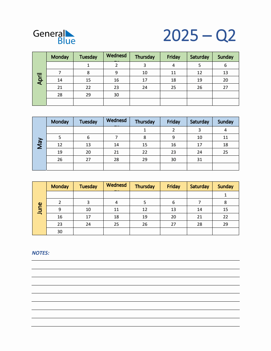 Three-Month Planner for Q2 2025 with Notes - Monday Start